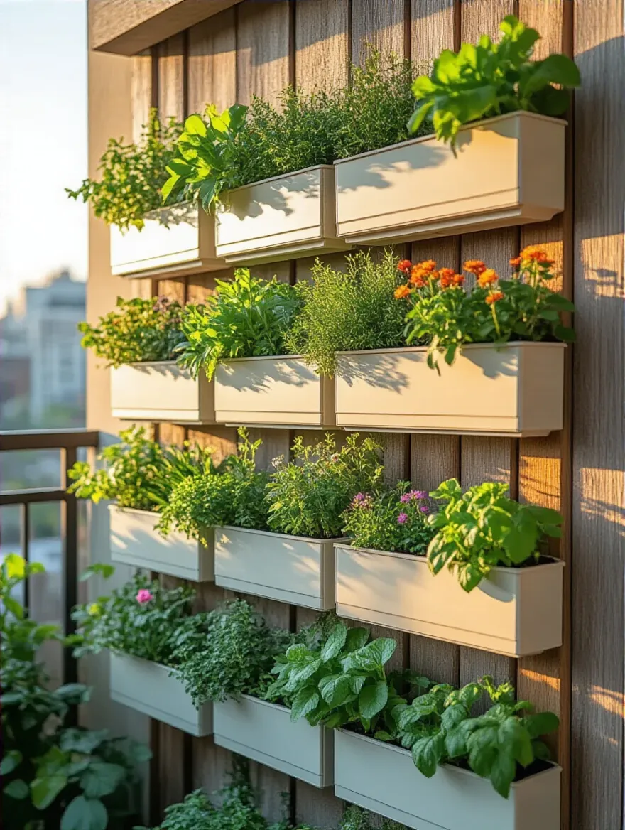 Vertical garden on small balcony wall with modular planters and herbs during golden hour