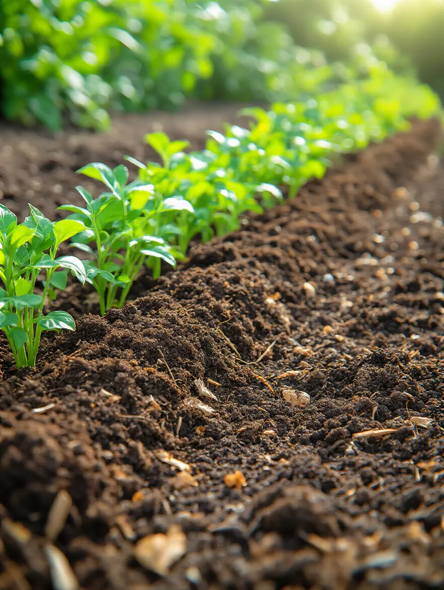 Close-up portrait photo of garden soil enriched with nutrient-rich compost and healthy plants under soft natural morning light