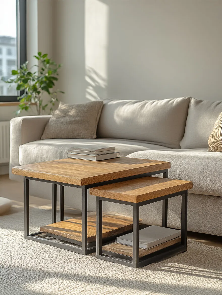 Modern apartment living room with stylish nesting tables neatly stacked under each other in front of a sofa, showcasing flexible surface area and space-saving design