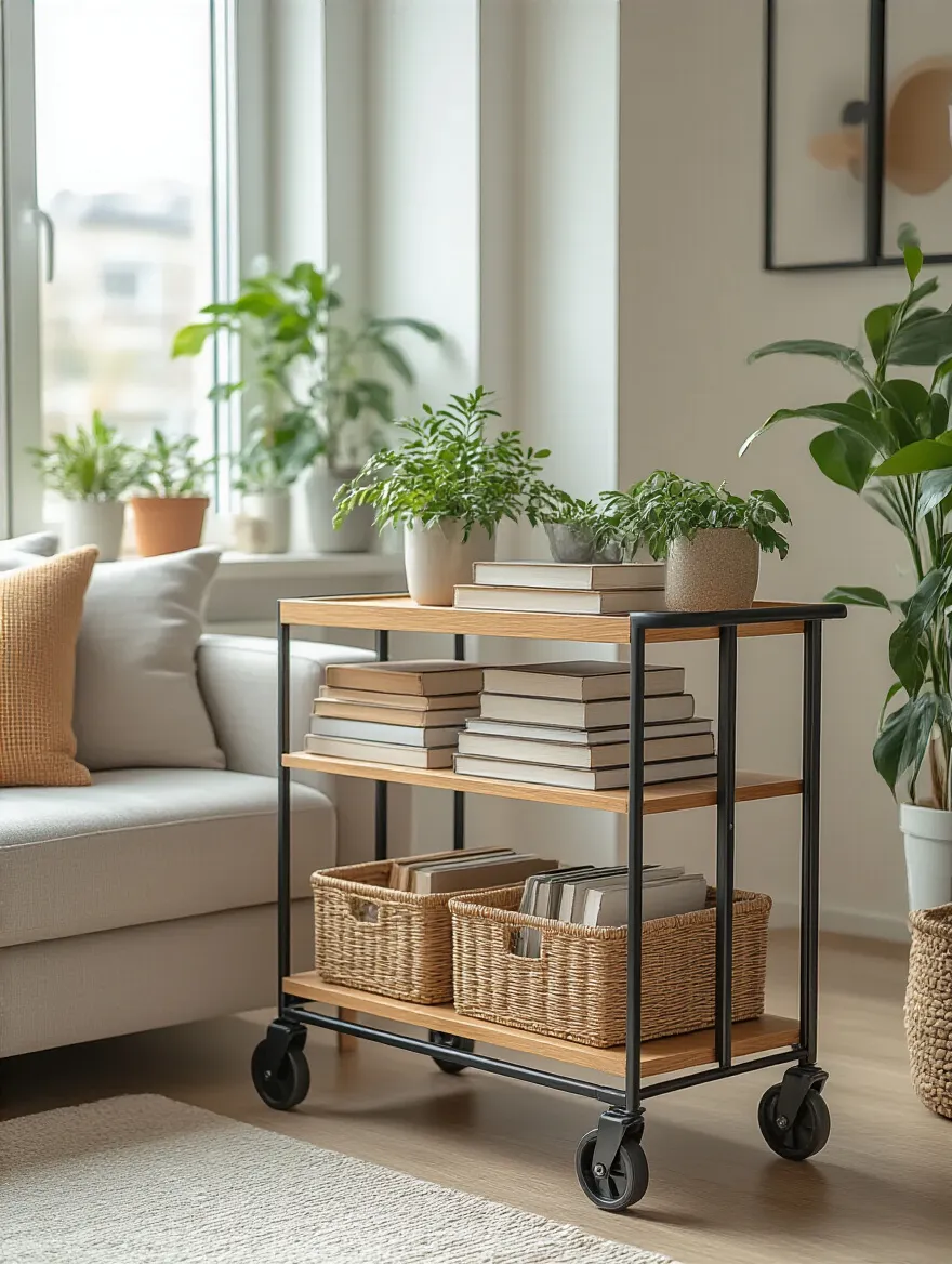 Modern apartment living room featuring a wooden and metal rolling cart used for mobile storage with organized shelves and plants
