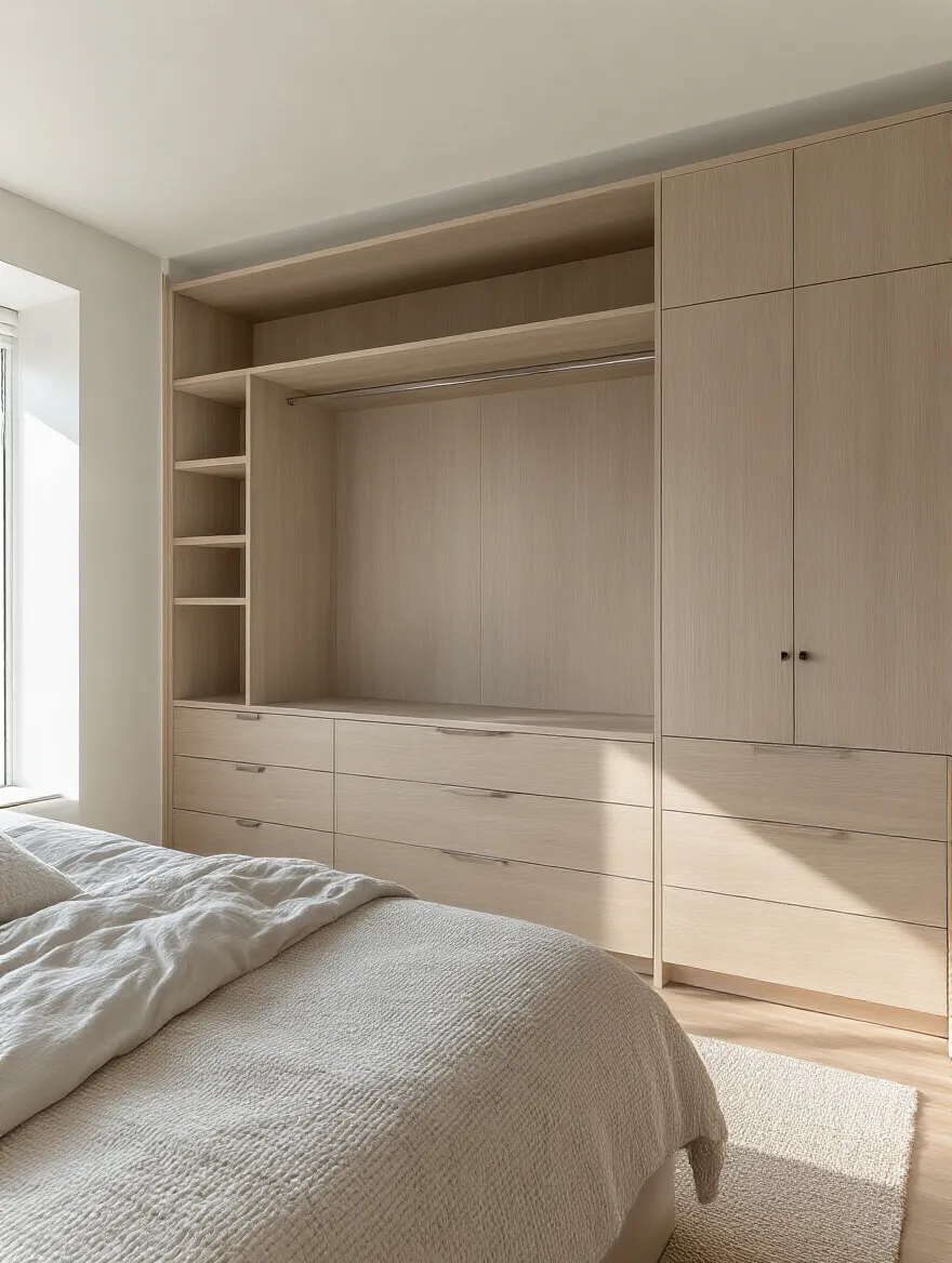 Portrait view of a modern bedroom with floor-to-ceiling built-in storage maximizing vertical space