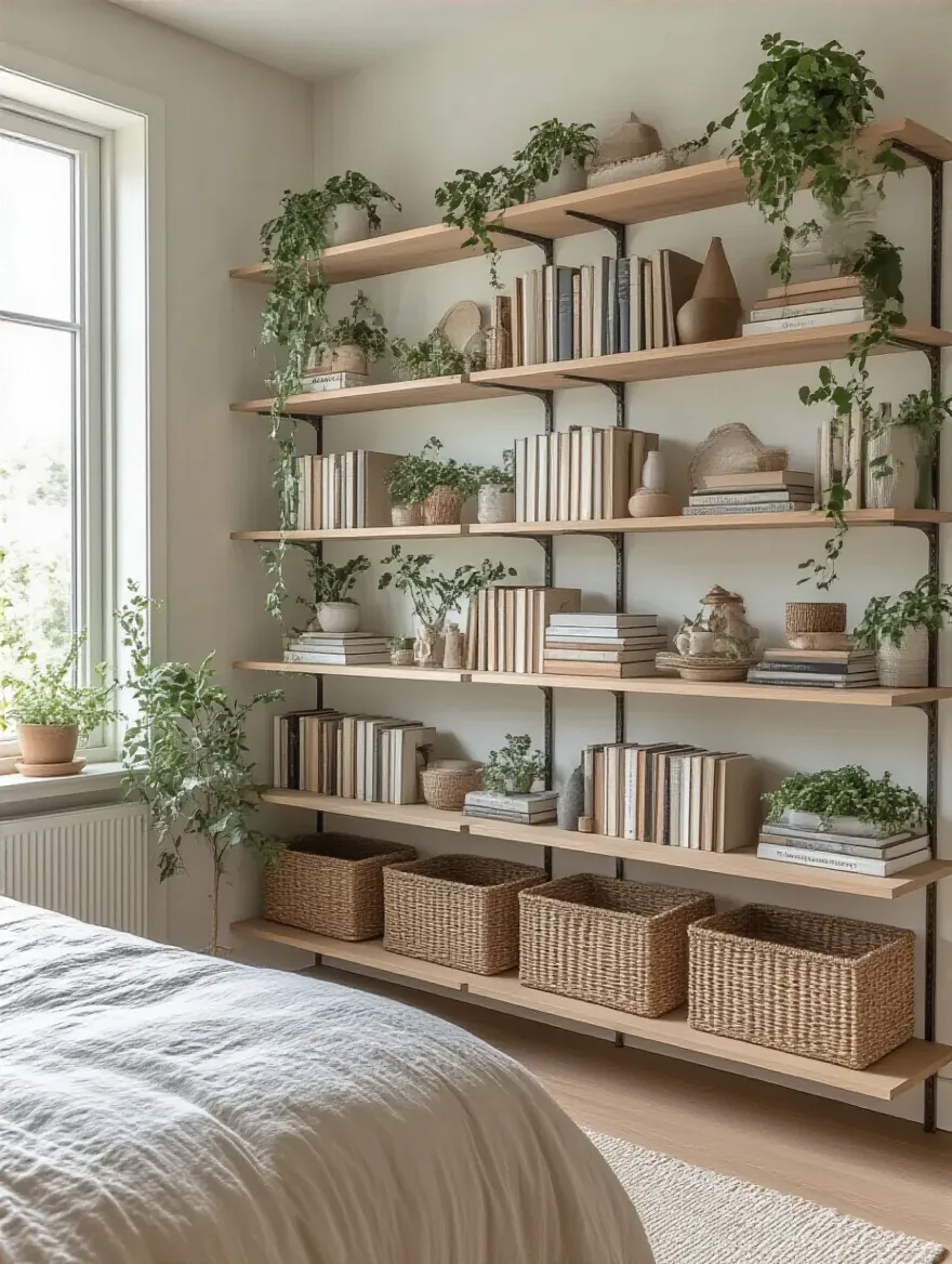 A styled bedroom with decorative shelving units displaying books and decor items