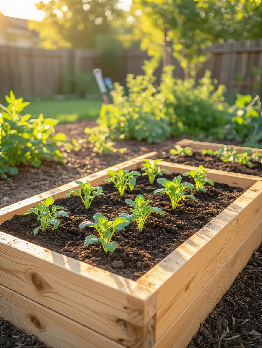 Elevated cedar garden bed with healthy plants and rich soil showcasing improved drainage solutions in a sunny garden