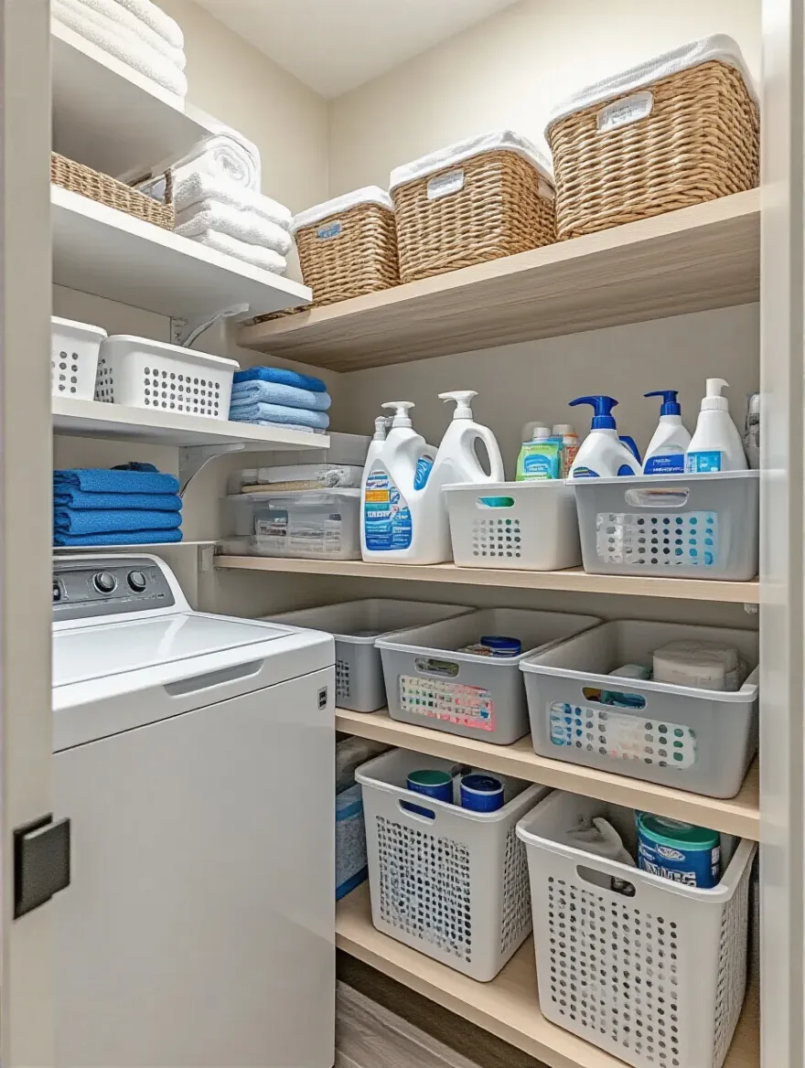 Organized under-sink cabinet with chemical safety features in a laundry room.