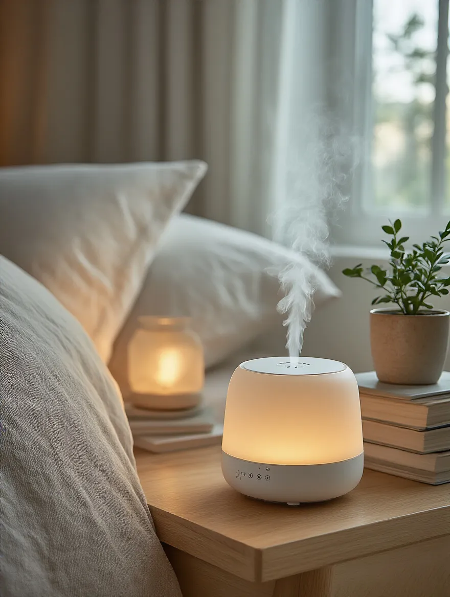 Ultrasonic essential oil diffuser on bedside table with soft warm lighting in serene bedroom