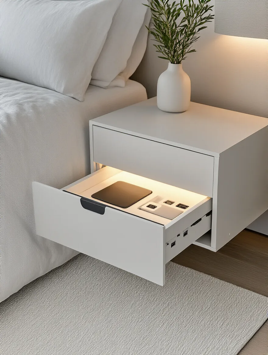 Modern bedroom nightstand with built-in hidden charging station drawer showing recessed power outlets and USB ports, no visible cables