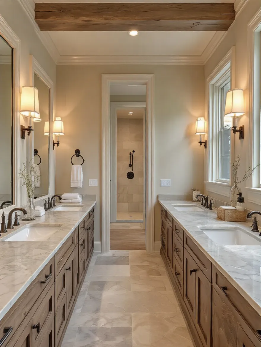 A stunning master bathroom featuring dual vanities with distinct personal zones for his and hers.