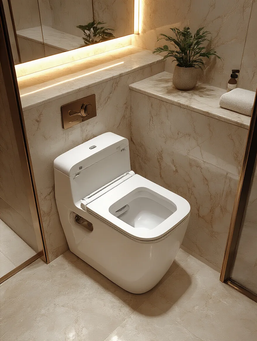 Luxurious master bathroom featuring a smart toilet with bidet functions and automated cleaning.