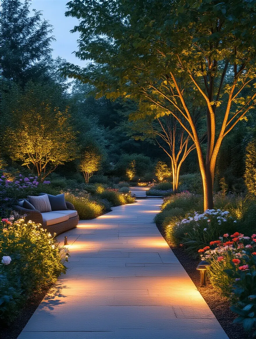 Evening garden illuminated with strategic outdoor lighting highlighting pathways, trees, and seating areas for warm ambiance