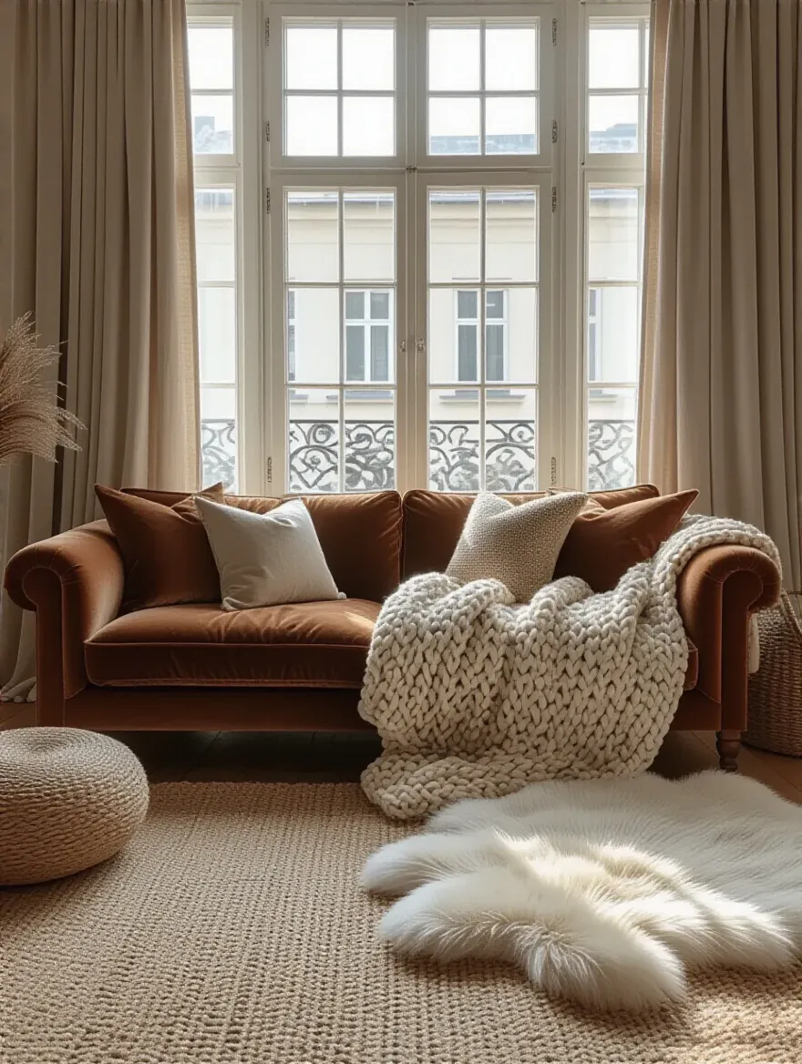 Cozy apartment living room corner with velvet sofa, knit throws, silk pillows, layered rugs, and velvet curtains showcasing diverse textile textures
