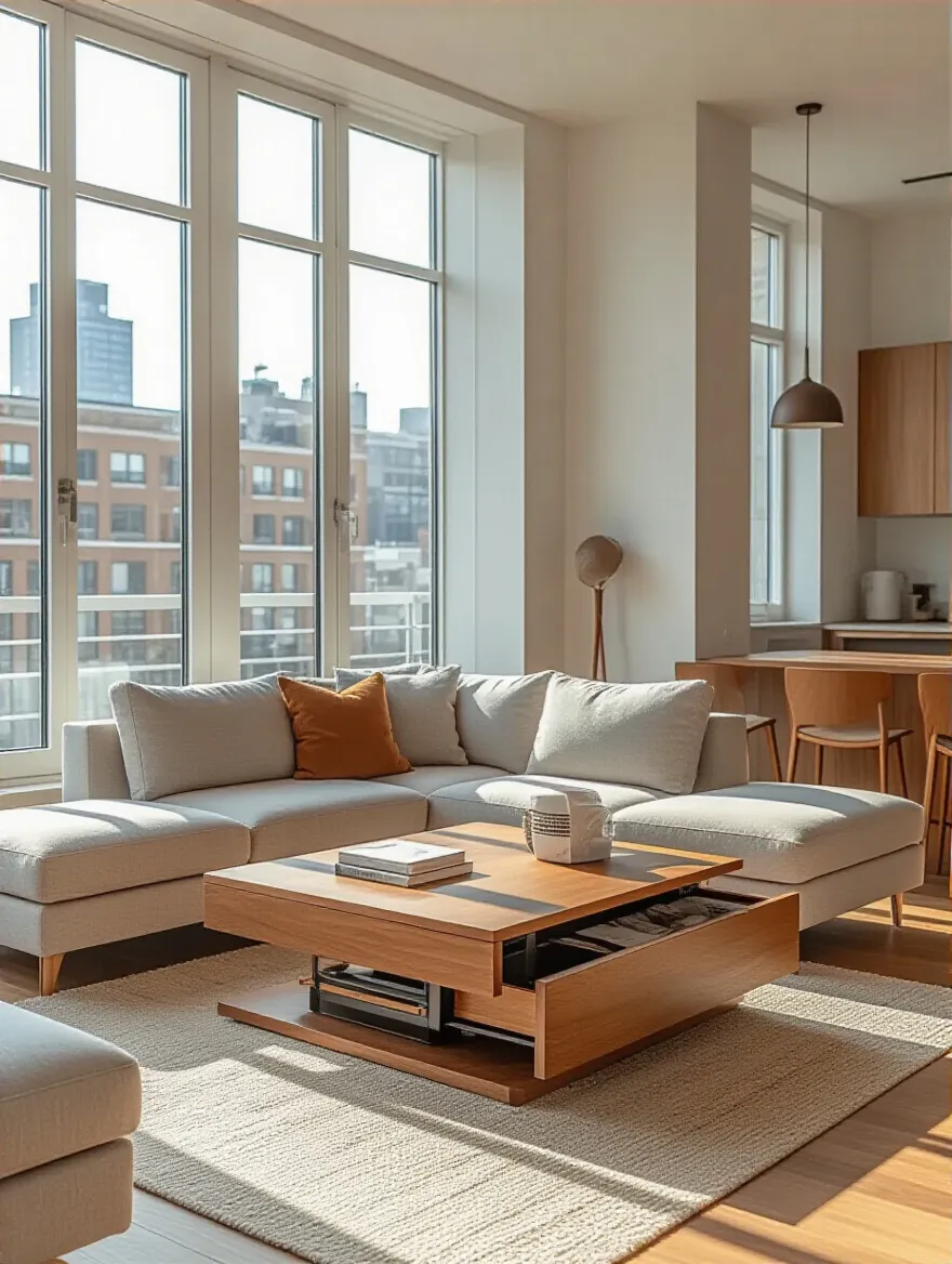 Modern apartment living room featuring a sleek multi-functional lift-top coffee table and sectional sofa with hidden storage, well-lit with natural daylight