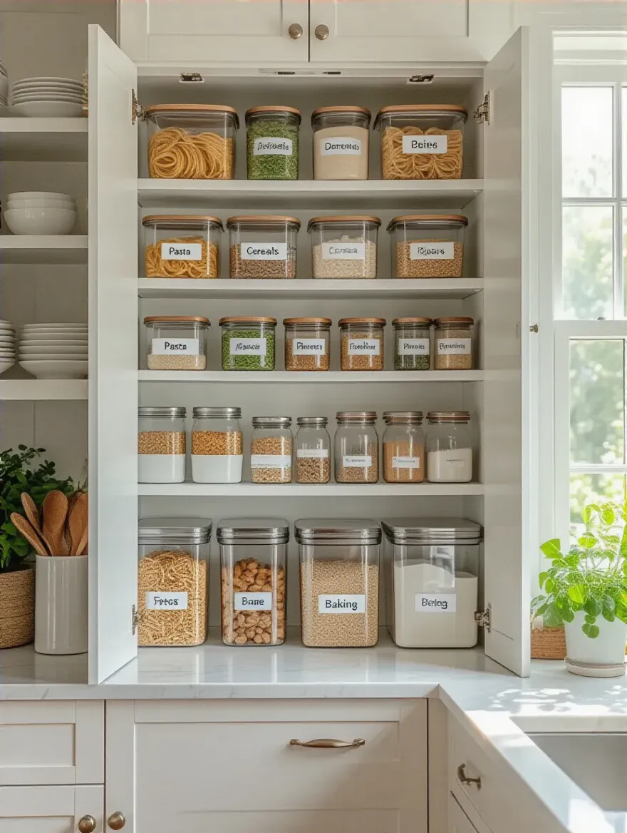 Organized kitchen cabinet with labeled containers for easy retrieval.
