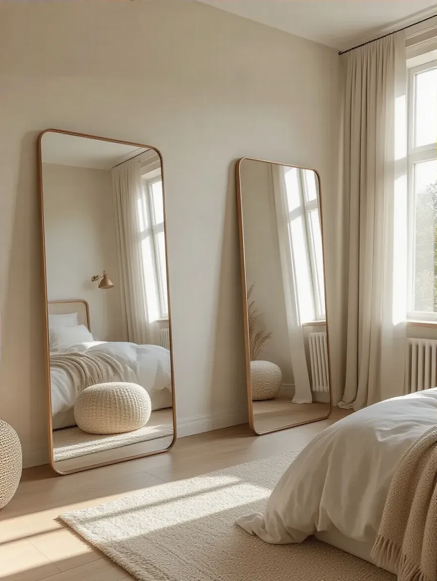 A beautifully arranged bedroom with large mirrors enhancing the sense of space and light.