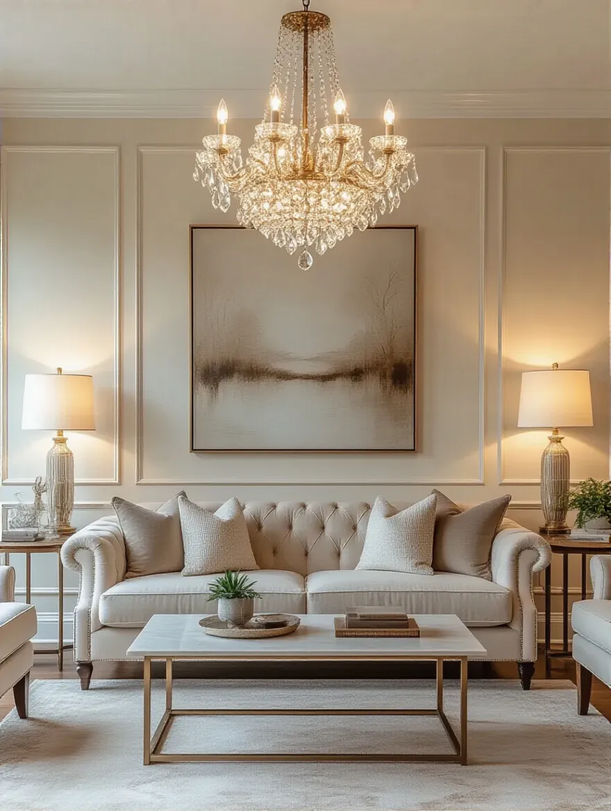 Elegant living room with decorative lighting fixtures creating a warm and inviting ambiance