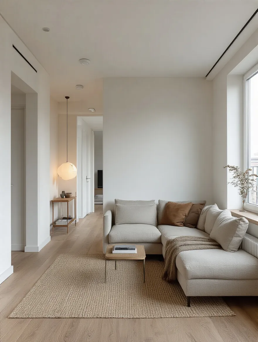 Portrait image of a modern apartment living room with optimized traffic flow and clear seating arrangement