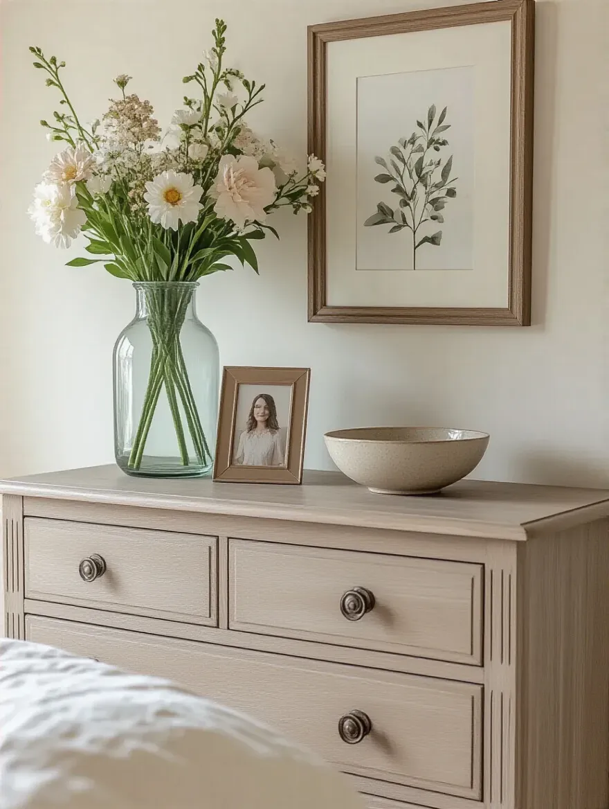 Organized dresser top space with decorative items in a serene bedroom