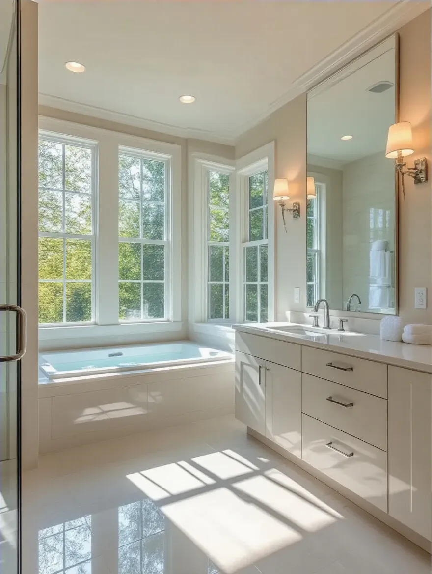 Luxurious master bathroom with large windows and mirrors enhancing natural light.