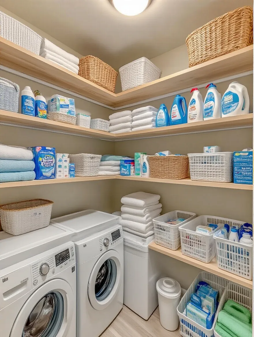 Organized laundry room with stackable shelving units filled with laundry supplies.