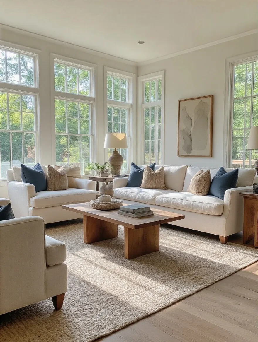 A well-lit living room with perfectly fitting furniture arranged harmoniously.