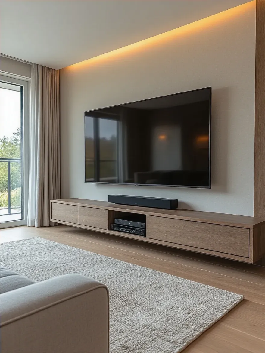 Elegant living room with wall-mounted TV and media console