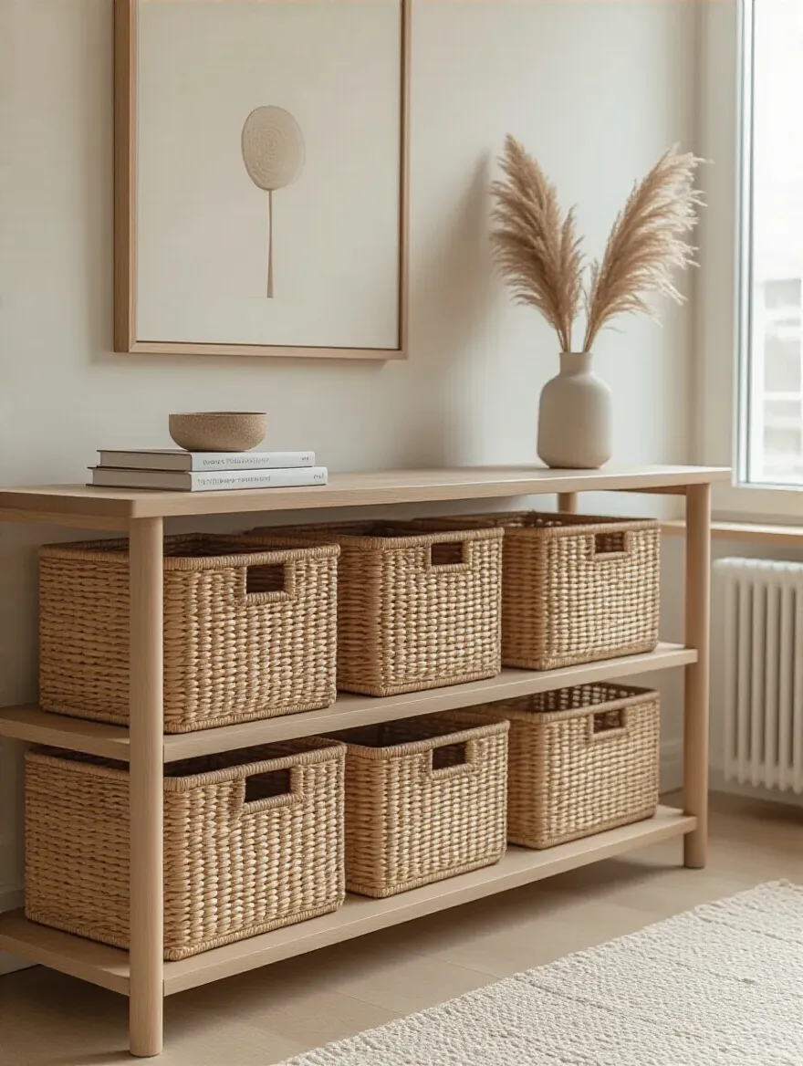 Minimalist apartment living room with cohesive woven rattan storage baskets under a console table, showcasing clutter-free and stylish organization