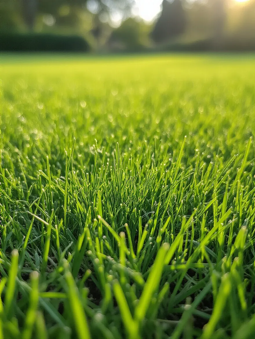 Close-up portrait of a professionally mowed lush green lawn showing ideal grass height promoting strong root systems
