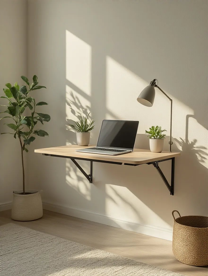 Small bedroom with a folded-down wall-mounted desk in use, showing a neat and modern workspace with no people