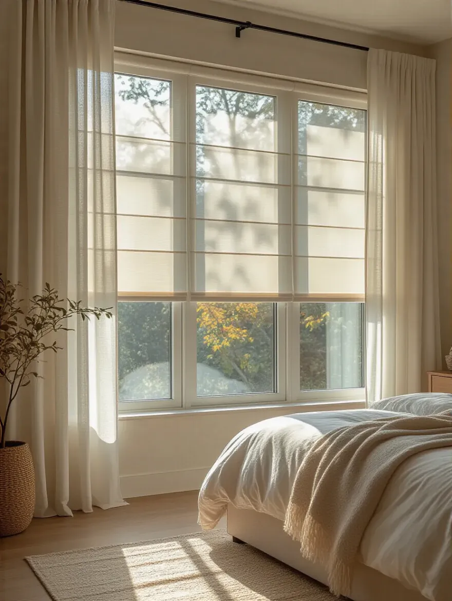 Modern bedroom window with layered sheer and blackout window treatments optimizing natural light