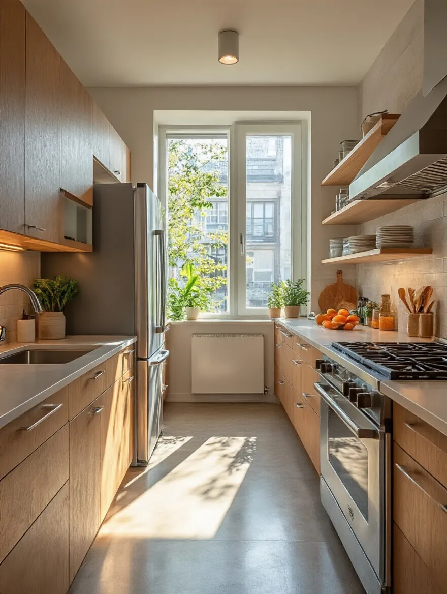 Modern kitchen design showcasing the ergonomic work triangle layout with refrigerator, sink, and range.