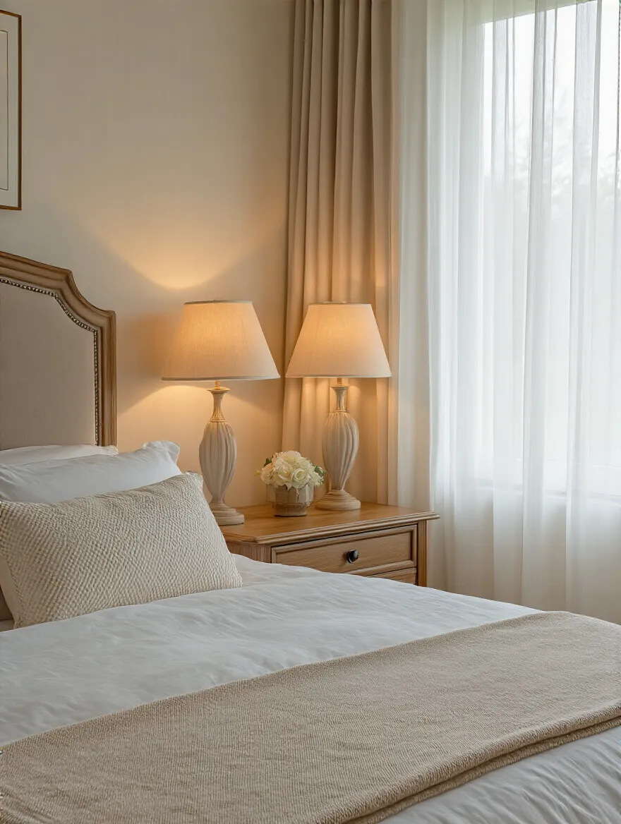 Stylish bedroom with nightstands and complementary table lamps