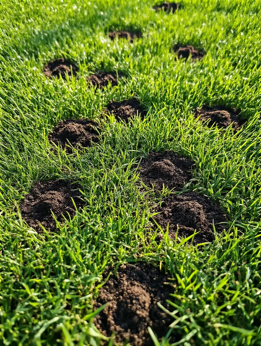 Close-up portrait of freshly aerated lawn with visible soil plugs showing improved nutrient absorption