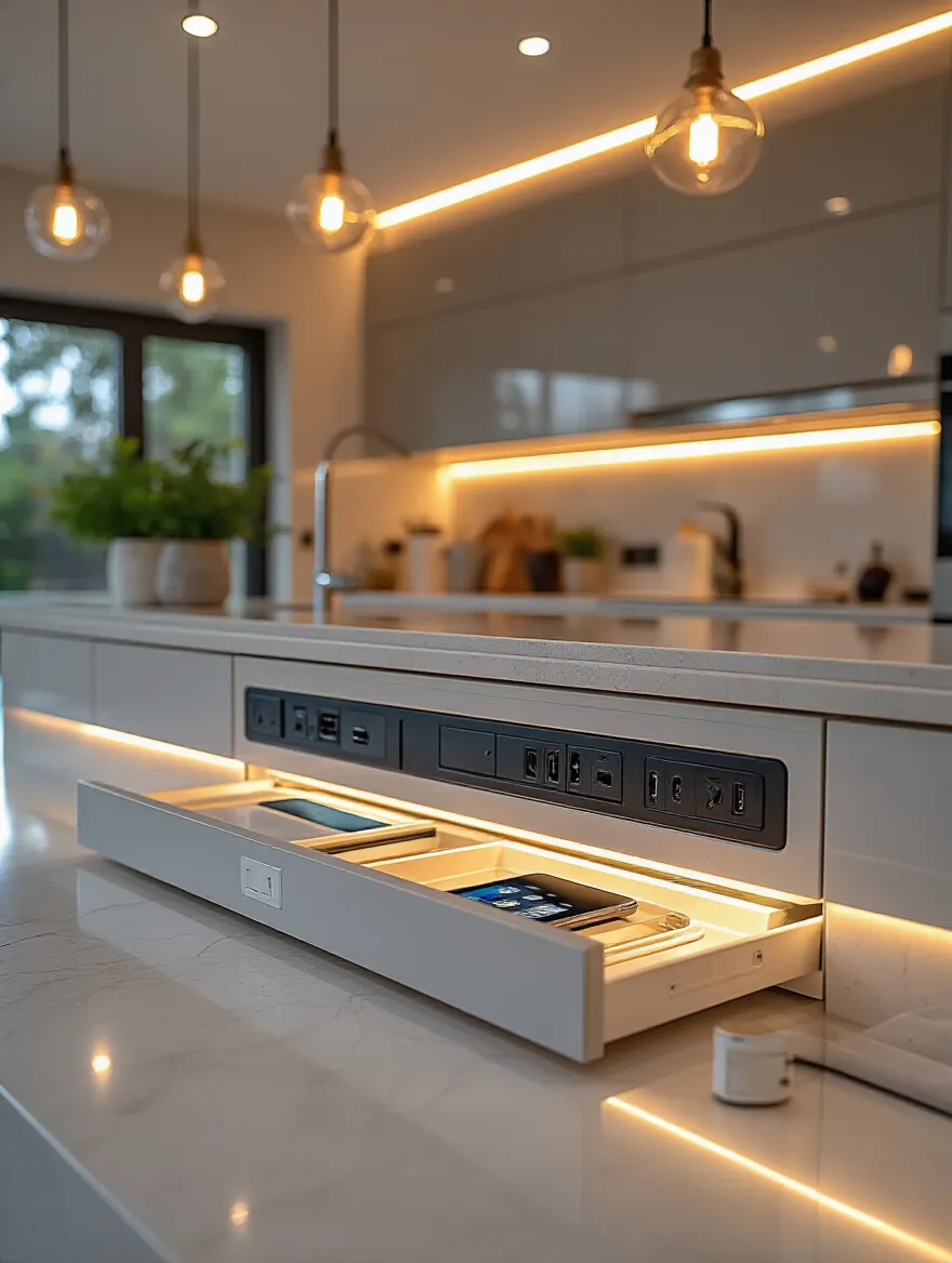 Modern kitchen with integrated charging station, showcasing decluttered counters