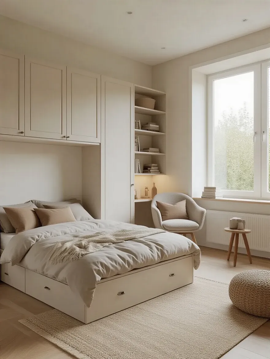 Adaptable bedroom furniture layout with natural lighting