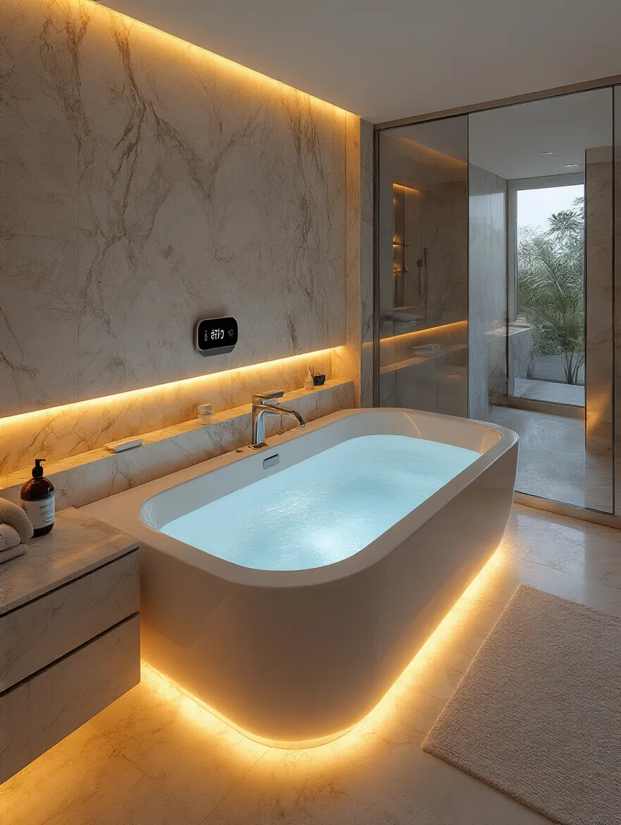 Luxurious master bathroom with voice-activated lighting and temperature controls featuring a freestanding bathtub and modern decor.