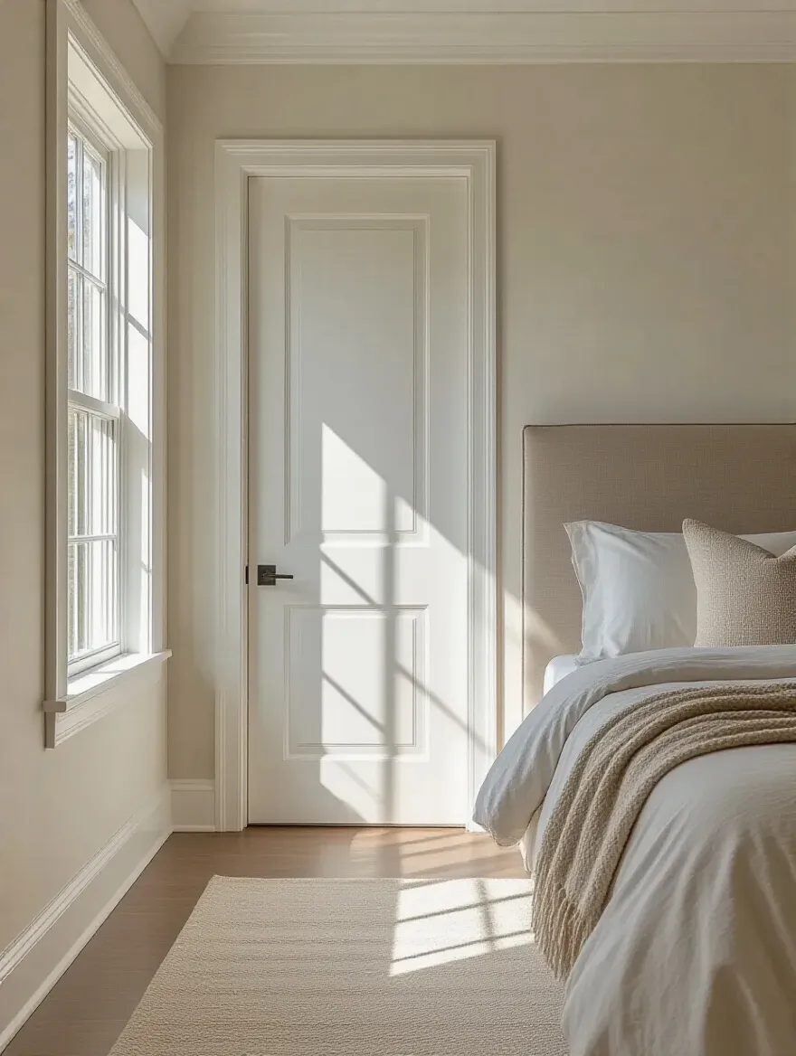 Newly installed solid-core doors and fresh white trim in a modern bedroom with natural lighting, showcasing a polished finish