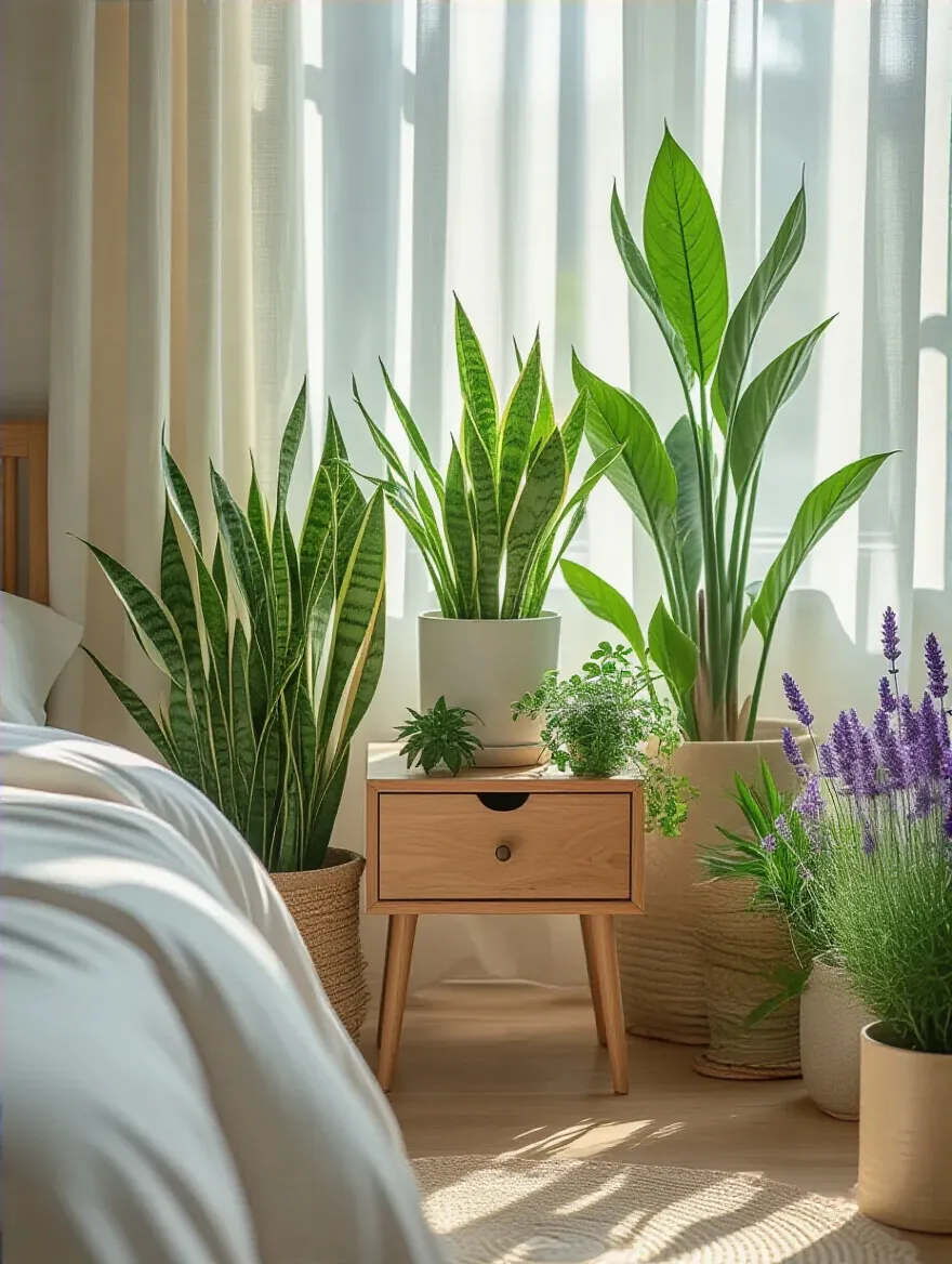 Portrait photo of a peaceful bedroom corner with calming indoor plants like Snake Plant and Lavender arranged on nightstands and floor pots under soft natural light