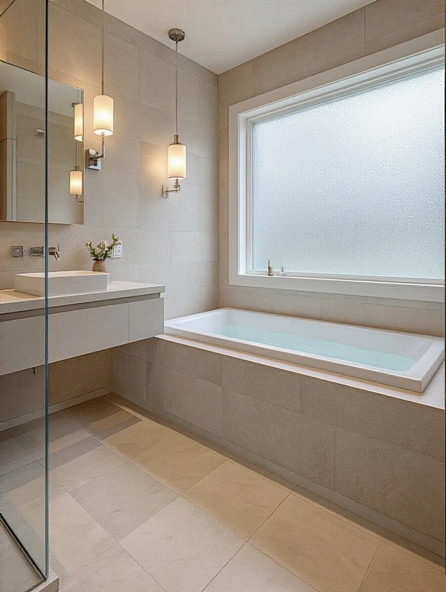 Master bathroom featuring durable materials like quartz countertops and porcelain tiles.