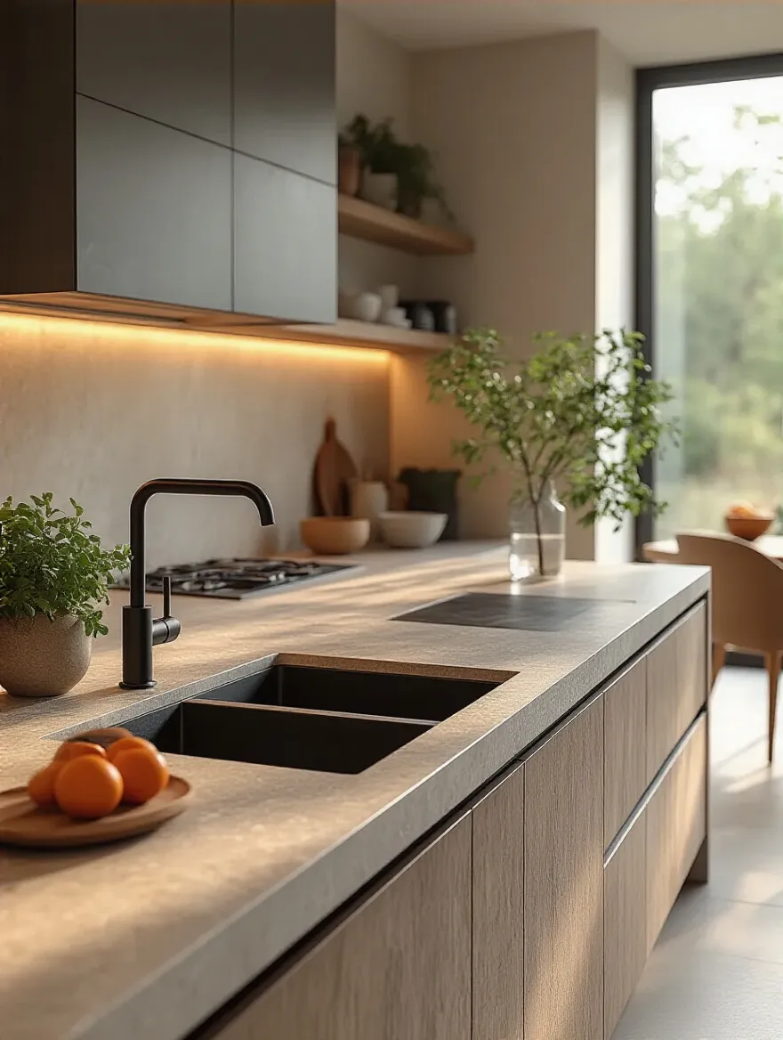 Modern kitchen with high-performance Quartz and Sintered Stone countertops, showcasing elegance and functionality.
