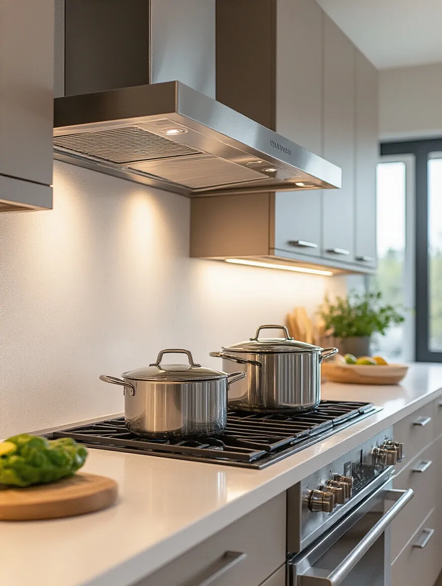 Modern kitchen with superior ventilation system showcasing sleek range hood and cooktop