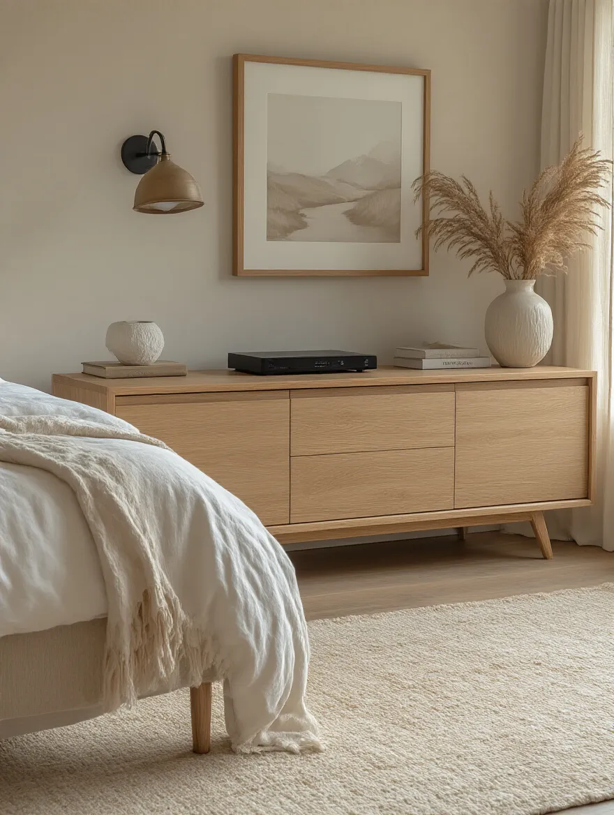 Stylish media console in a serene bedroom setting with hidden cable management.