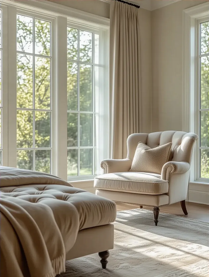 Luxurious bedroom featuring an accent chair and chaise lounge bathed in natural light