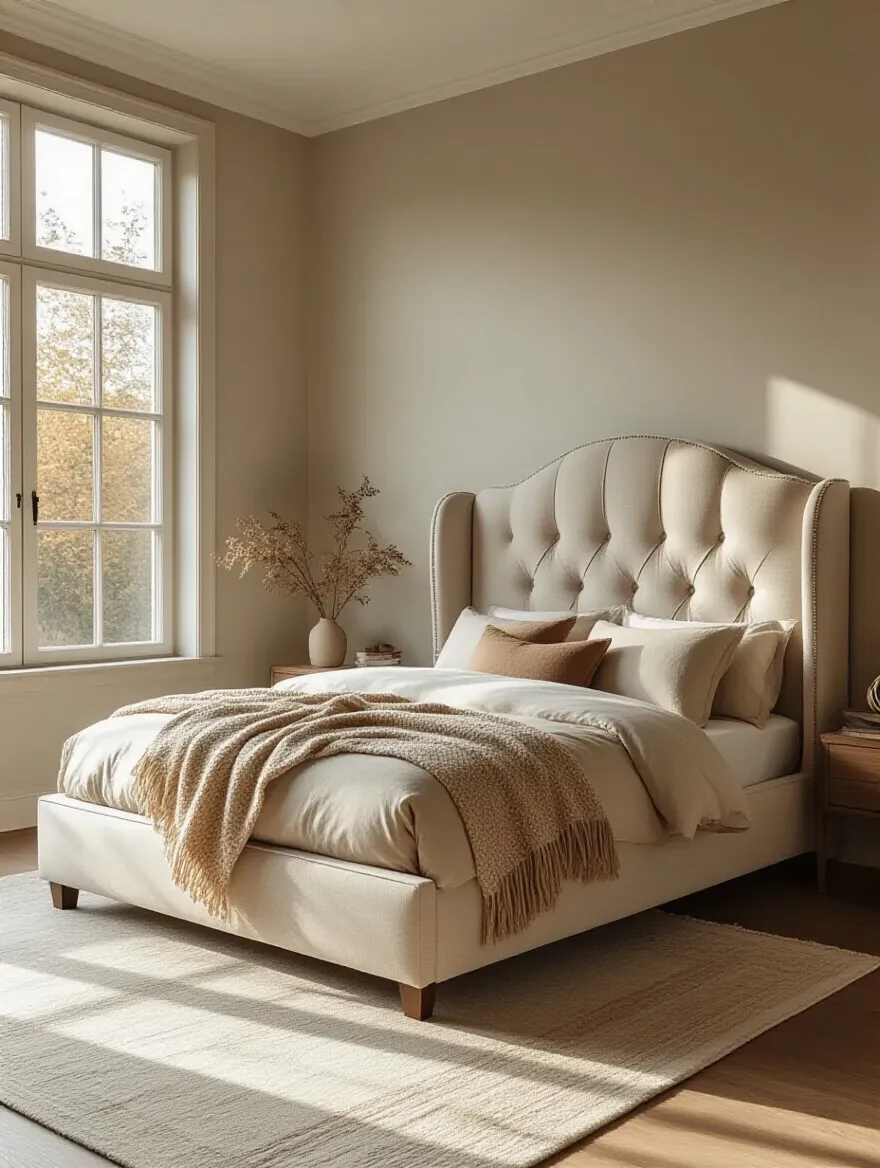 Modern upholstered bed frame in a beautifully styled bedroom with soft lighting and decorative accents.