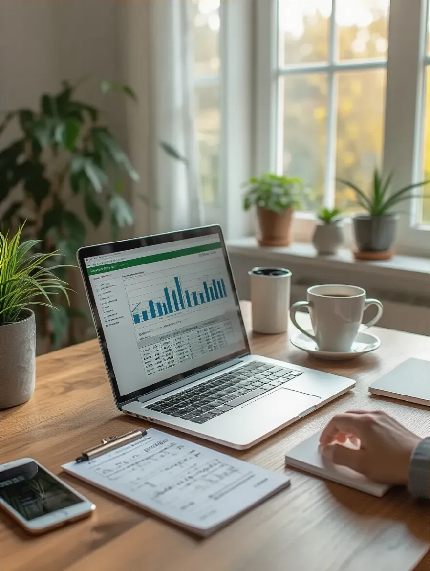 Organized home office workspace with budgeting spreadsheet and renovation cost tracking tools on desk