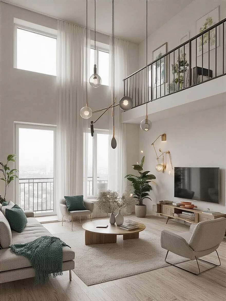 Digital floor plan displayed on tablet showing furniture layout in bright apartment living room