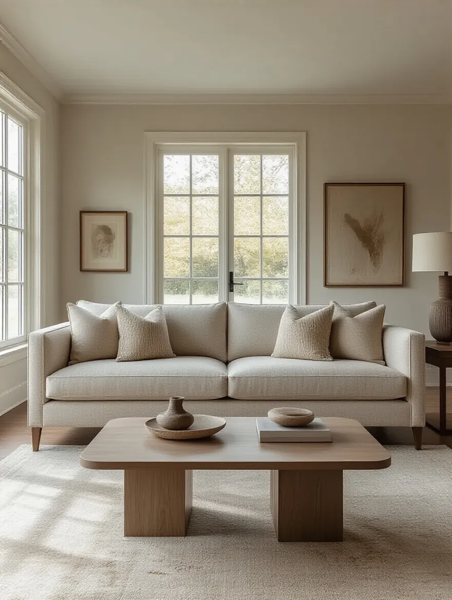 Elegant living room featuring a stylish 85-inch three-seater sofa with performance fabric