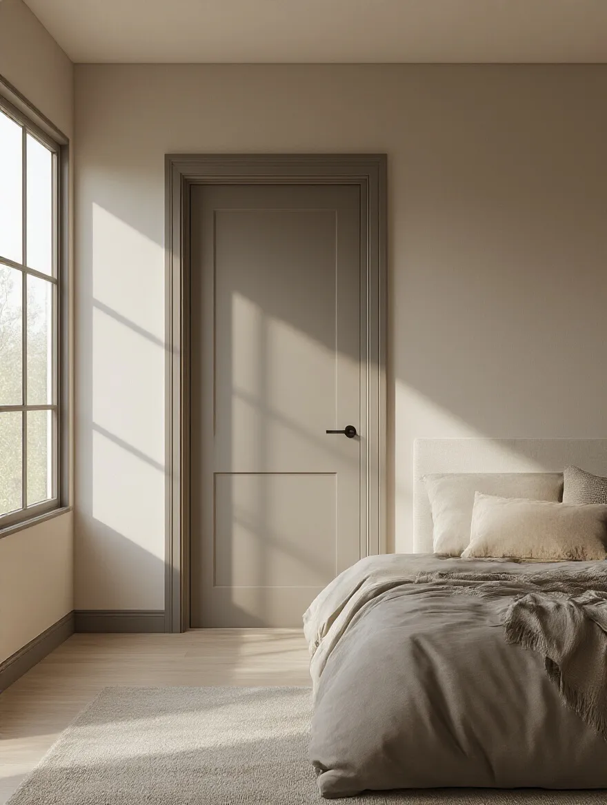Modern bedroom interior with soundproof walls and solid-core door for quieter private sleep