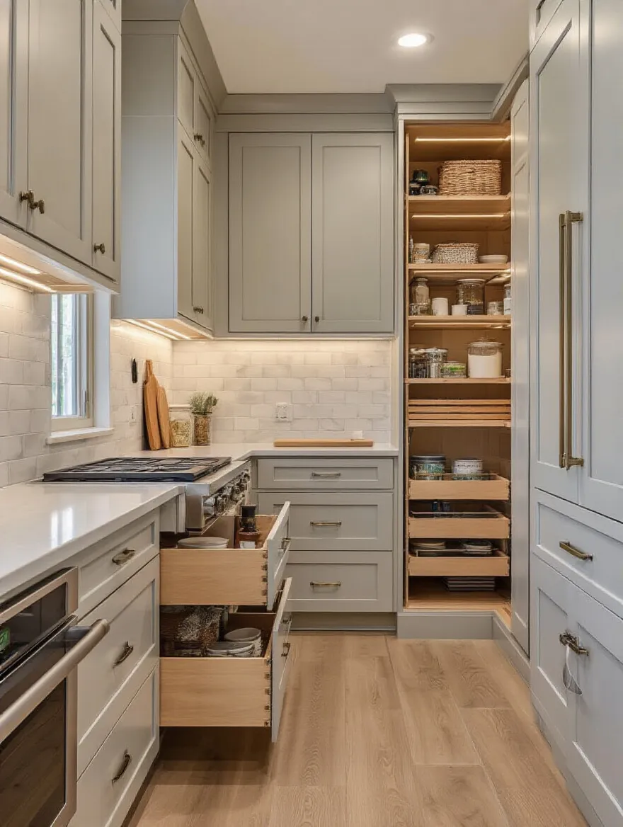 Modern kitchen with clever pantry and cabinetry storage solutions