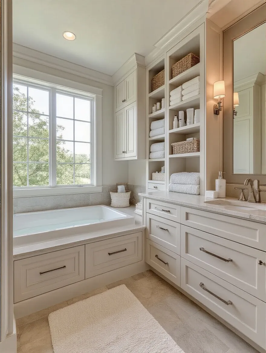 Master bathroom featuring smart storage solutions with built-ins and recessed niches.