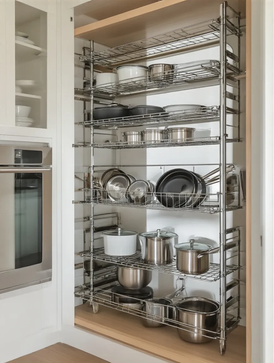 Organized kitchen cabinet with vertical racks for pots and pans
