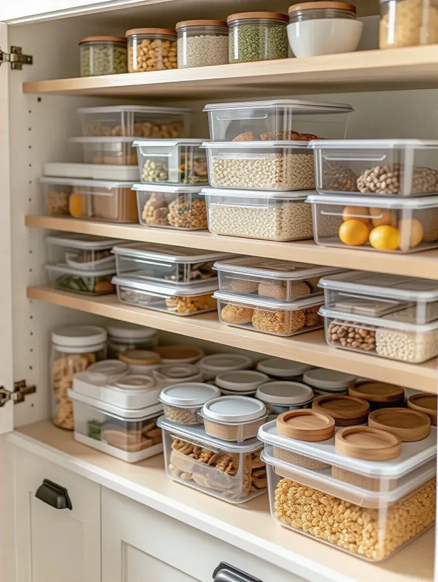 Organized kitchen cabinet with adjustable lid dividers for food storage containers.